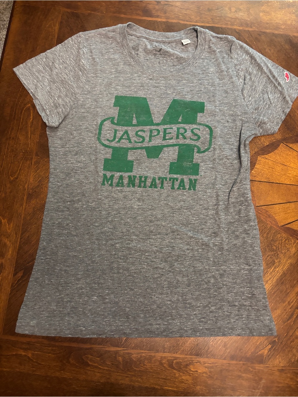 League Grey Tee with Green 'M Jaspers' Manhattan Graphic